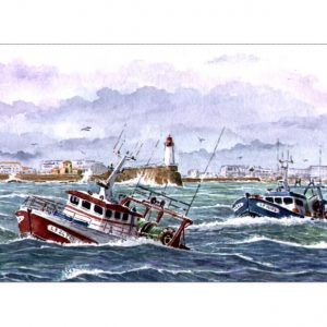 Départ en pêche en mer déchaînée au large des Sables d'Olonne - Aquarelle de JP Duboil